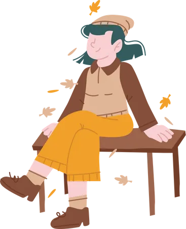 Fille assise sur un banc en bois  Illustration