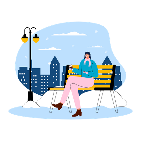 Fille assise sur un banc et profite de l'hiver tout en prenant un café chaud  Illustration