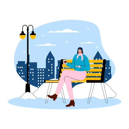 Fille assise sur un banc et profite de l'hiver tout en prenant un café chaud  Illustration