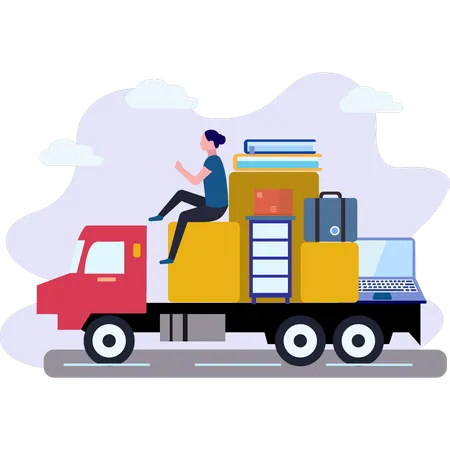 Fille assise sur un camion de chargement  Illustration