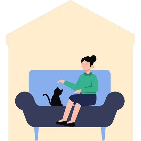Fille assise sur un canapé avec un animal de compagnie  Illustration
