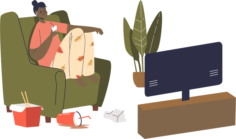 Fille assise sur un canapé avec un smartphone, regardant la télévision et mangeant de la nourriture après la livraison pendant le week-end  Illustration
