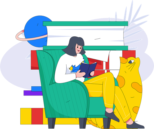 Fille assise sur un canapé et lisant un livre  Illustration