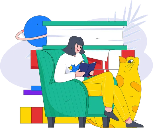 Fille assise sur un canapé et lisant un livre  Illustration