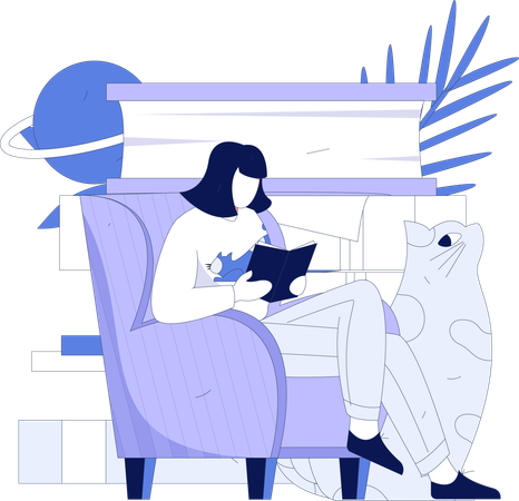 Fille assise sur un canapé et lisant un livre  Illustration
