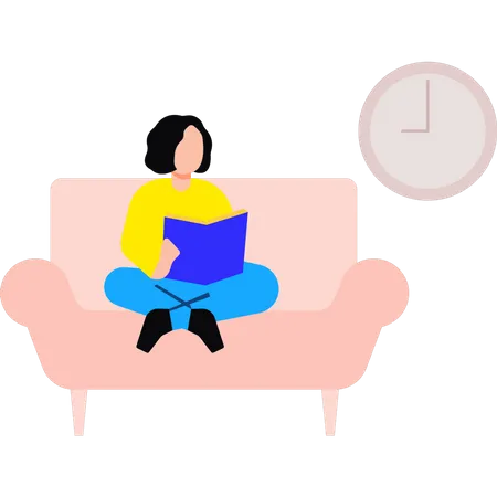 Fille assise sur un canapé en train de lire un livre  Illustration