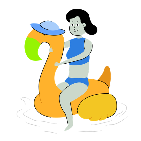 Fille assise sur un flotteur en forme de flamant rose  Illustration
