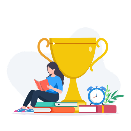 Une fille assise sur un livre tout en remportant un trophée d'éducation  Illustration