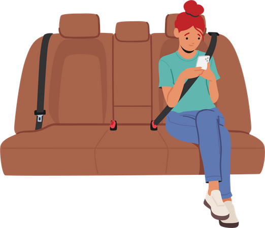 Fille assise sur un siège auto avec smartphone  Illustration