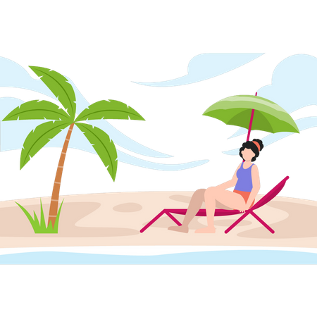 Fille assise sur une chaise et profitant de la vue sur la plage  Illustration