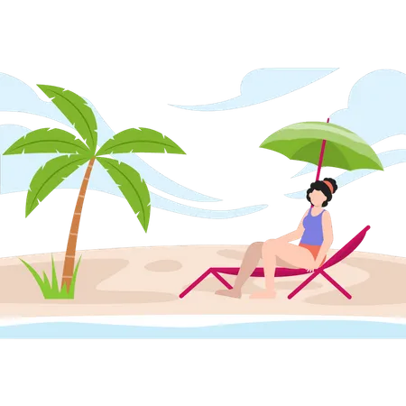 Fille assise sur une chaise et profitant de la vue sur la plage  Illustration