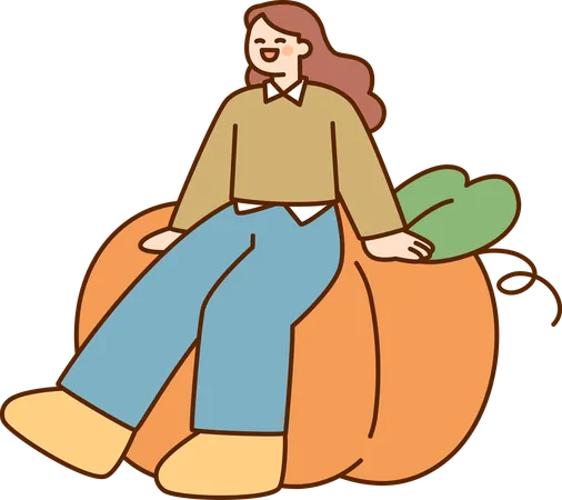 Fille assise sur une citrouille  Illustration