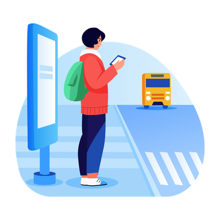 Fille attendant le bus à l'arrêt de bus  Illustration