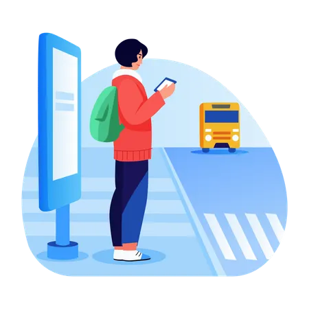 Fille attendant le bus à l'arrêt de bus  Illustration