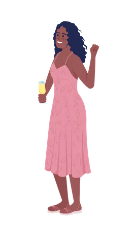 Fille souriante aux cheveux bouclés avec un verre de vin mousseux  Illustration