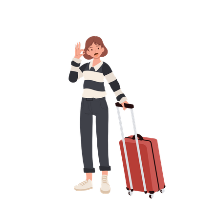 Fille avec bagages faisant signe de la main OK  Illustration