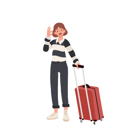 Fille avec bagages faisant signe de la main OK  Illustration