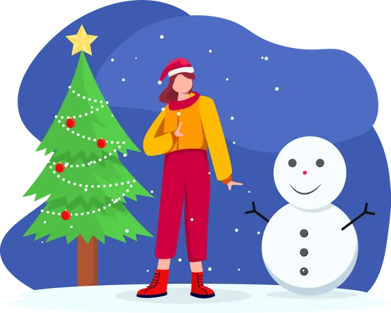 Fille avec bonhomme de neige  Illustration