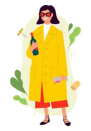 Fille avec une bouteille de vin  Illustration