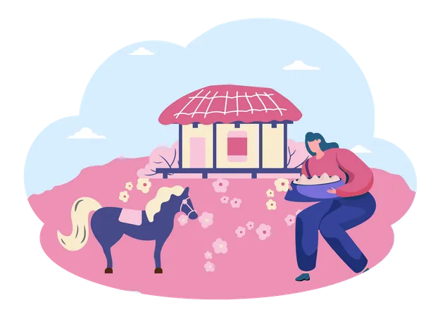 Fille avec cheval sur l'île de Jeju  Illustration