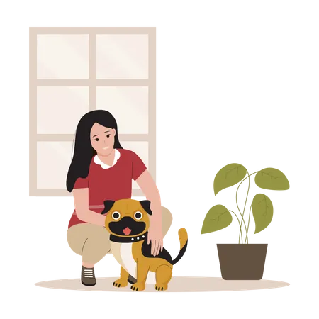 Fille avec chien de compagnie  Illustration