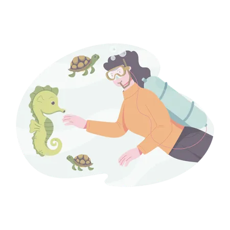 Fille avec des créatures sous-marines  Illustration