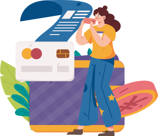 Fille avec facture de carte de crédit  Illustration
