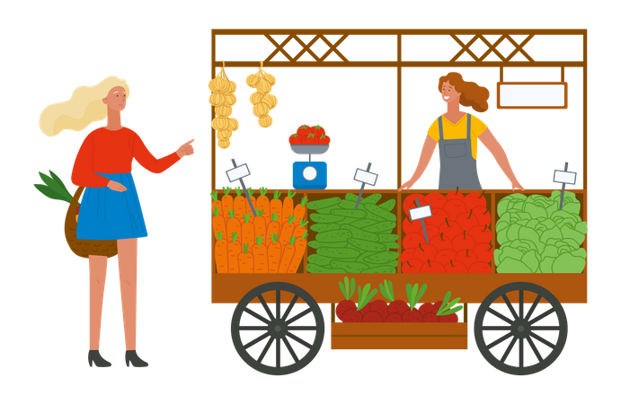 Fille avec panier achetant des fruits chez un vendeur de fruits  Illustration