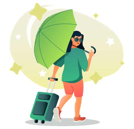 Fille avec parapluie et bagages  Illustration