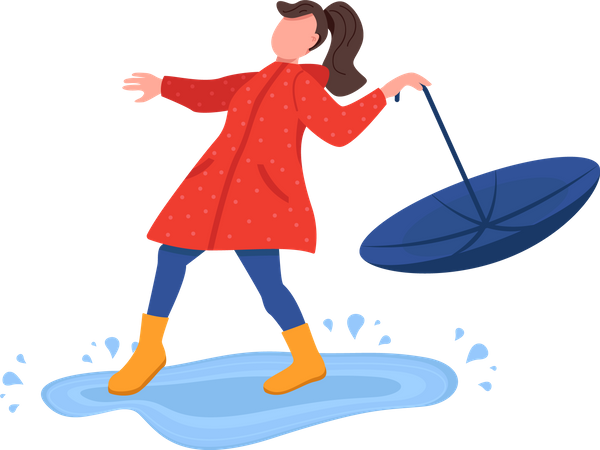 Fille avec un parapluie jouant dans une flaque d'eau  Illustration