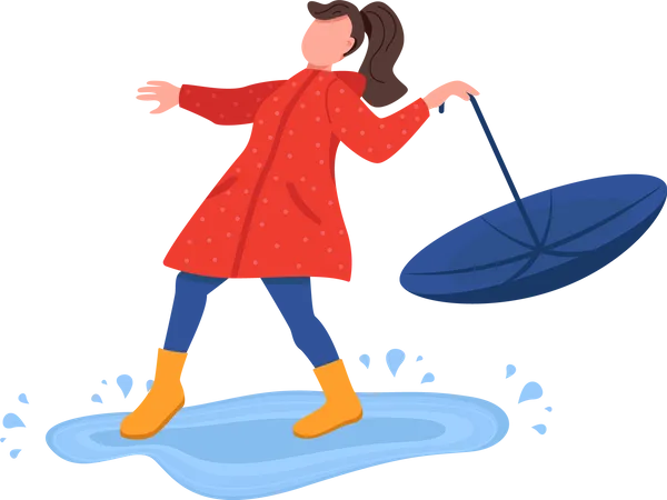 Fille avec un parapluie jouant dans une flaque d'eau  Illustration