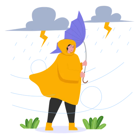 Fille avec parapluie marchant dans la tempête  Illustration