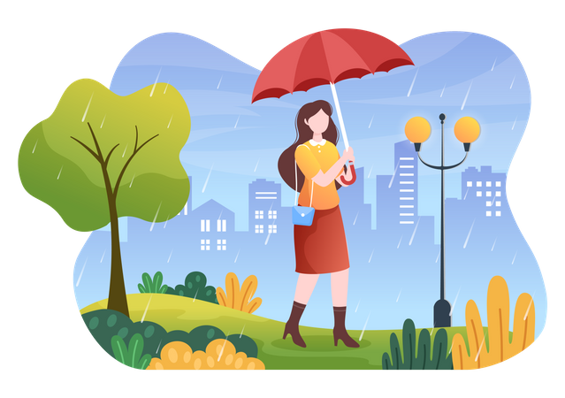 Fille avec parapluie marchant sous la pluie  Illustration