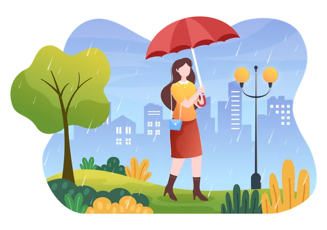 Fille avec parapluie marchant sous la pluie  Illustration