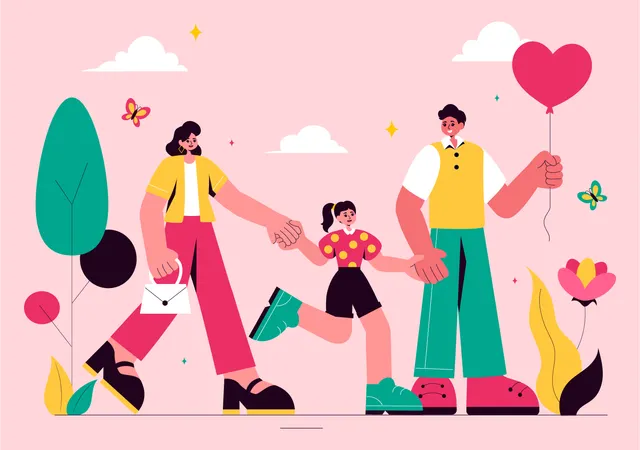Fille avec ses parents célébrant la fête des parents  Illustration