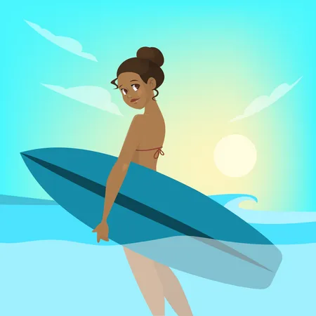 Fille avec planche de surf  Illustration