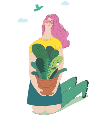 Fille avec pot de plante  Illustration