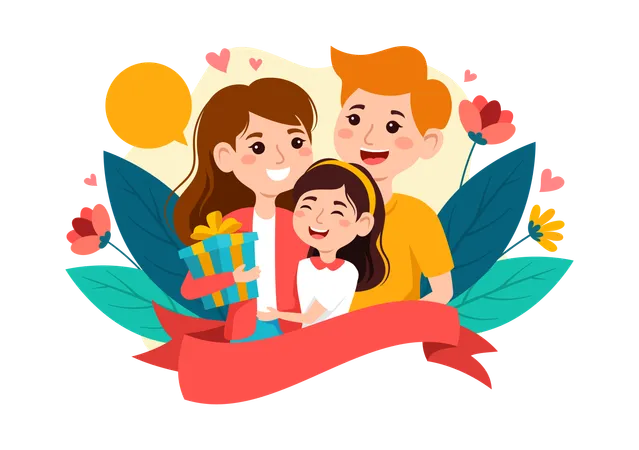 Fille avec ses heureux parents  Illustration