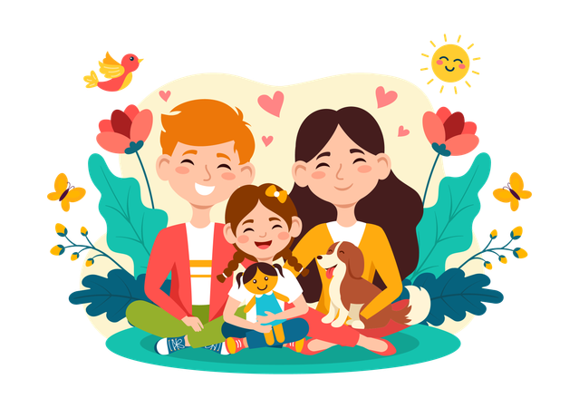 Fille avec ses parents et son chien  Illustration