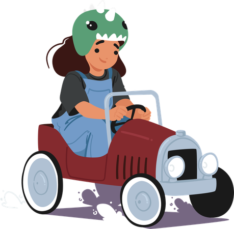 Fille portant un casque de dinosaure et conduisant une voiture à pédales vintage  Illustration