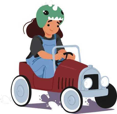 Fille portant un casque de dinosaure et conduisant une voiture à pédales vintage  Illustration