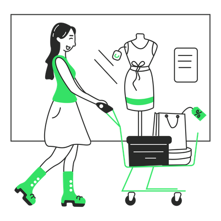 Une fille avec un chariot traverse un magasin  Illustration