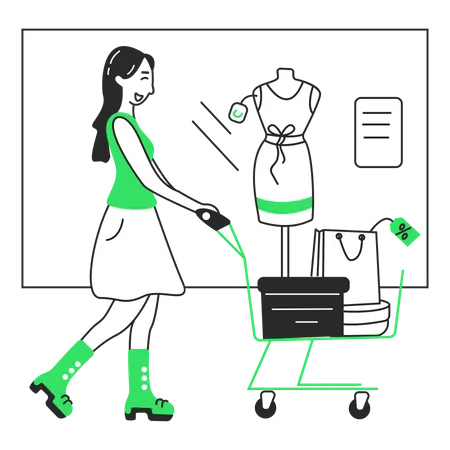 Une fille avec un chariot traverse un magasin  Illustration