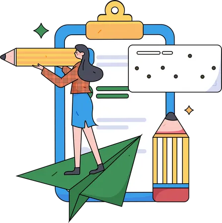 Fille avec un crayon remplissant le formulaire d'enquête en ligne  Illustration