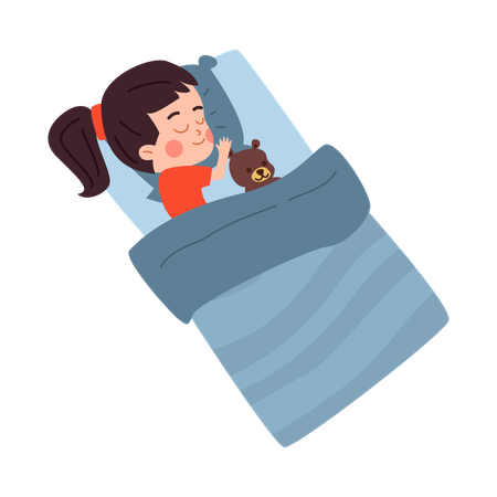 Fille avec un jouet en peluche dormant sous une couverture  Illustration