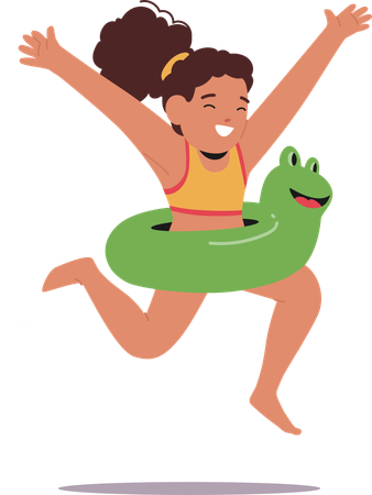 Fille avec une bouée gonflable en forme de grenouille verte  Illustration