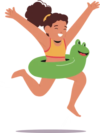 Fille avec une bouée gonflable en forme de grenouille verte  Illustration