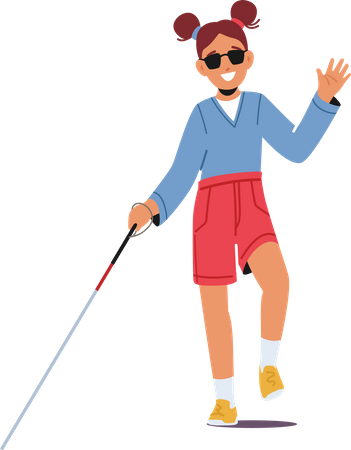 Fille aveugle avec canne et lunettes de soleil  Illustration