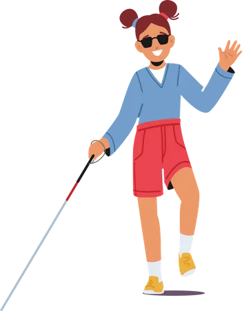 Fille aveugle avec canne et lunettes de soleil  Illustration