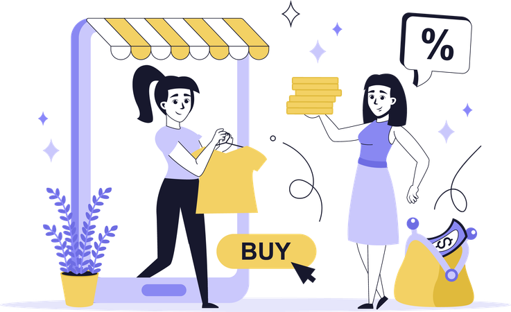 Une fille bénéficie d'une réduction en faisant des achats en ligne  Illustration